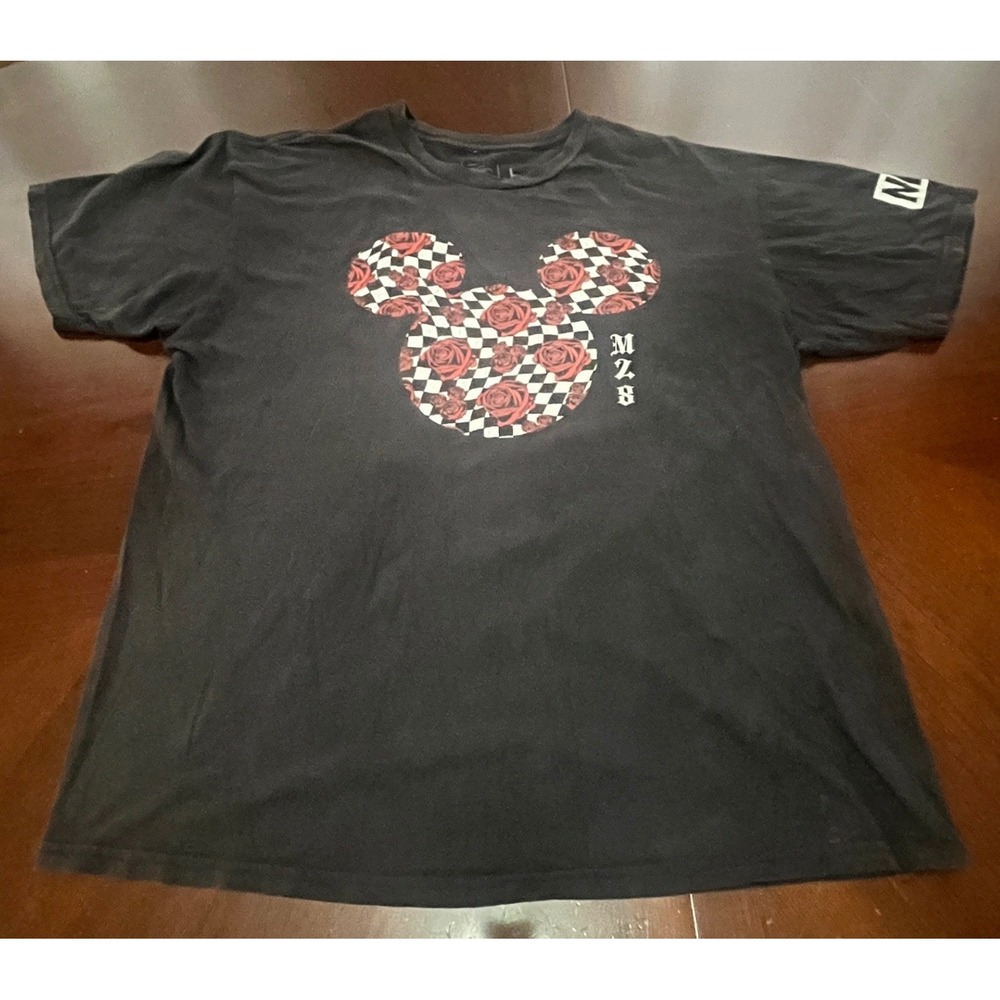 Disney Neff Mickey Mouse Rose Checkerboard Graphic T-Shirt Black Mens L Guc Flaw